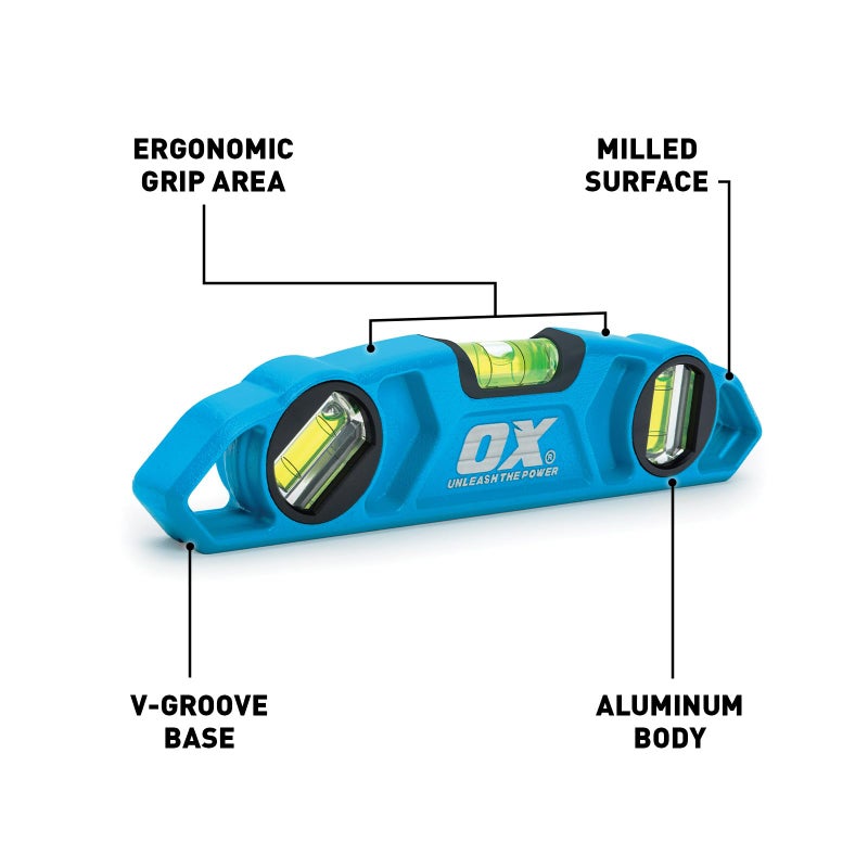 Ox أدوات OX برو 9 بوصة مستويات طوربيد مغناطيسية - مستوى جسم من الألمنيوم المصبوب بزاوية 230 مم قابل للتعديل مع 3 أنابيب - قاعدة على شكل V - مستوى أنبوب مغناطيسي من المغناطيسات الأرضية النادرة أدوات الحرفيين OX-P027625 - Image 2